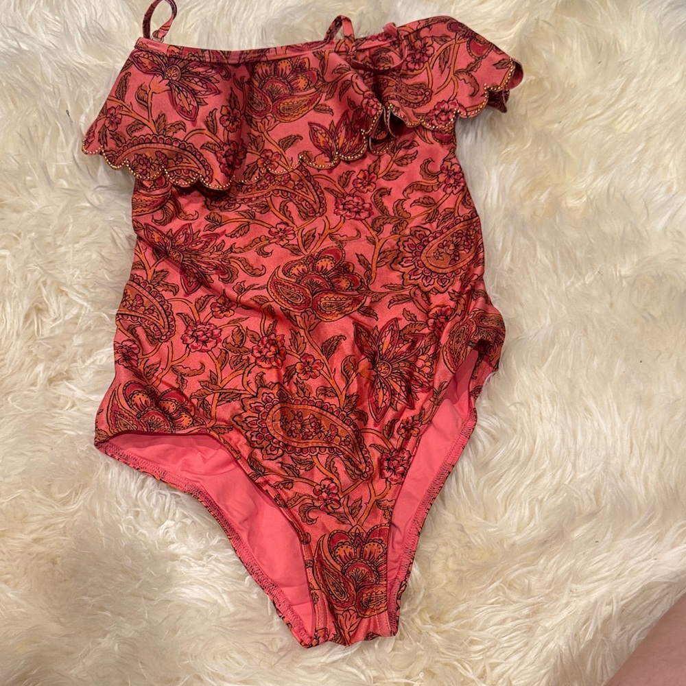 Zimmermann Coral Paisley One-Piece Swimsuit with Gold Hardware